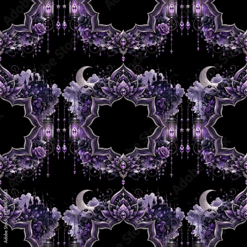 Violet crystals hang from ornate, symmetrical structures