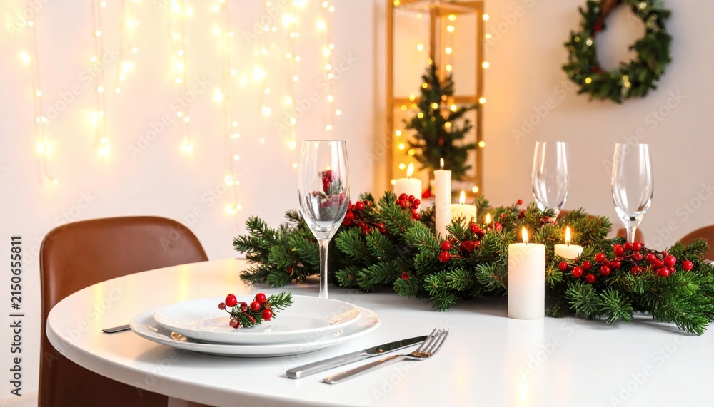 Fototapeta premium Elegant Winter Holiday Dinner Table Setting with Candles and Pine Branches