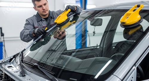 Professional auto detailer polishing a silver car windshield with a yellow electric buffer in a modern service workshop