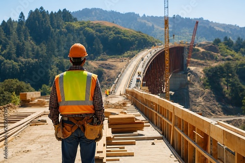 A construction worker in a safety vest and hard hat overlooking a bridge under construction in a mountain landscape.
