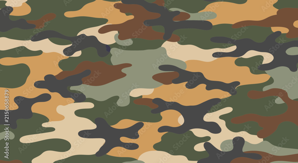 Fototapeta premium Military Camouflage Pattern - Green, Brown, Tan, and Black Abstract Shapes