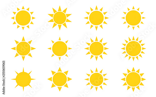 Yellow Sun Icon Collection with Different Ray Styles Isolated on Transparent Background