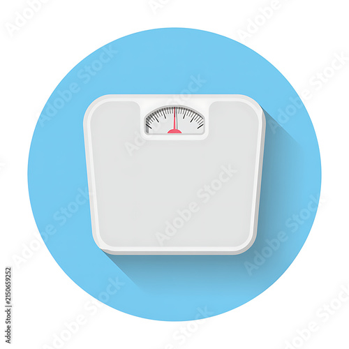 White Bathroom Scale with Weight Dial on Blue Circular Background