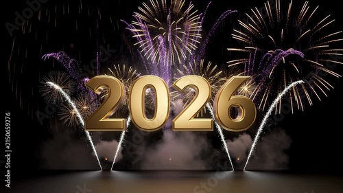Golden 2026 New Year celebration with vibrant purple fireworks and festive night sky background