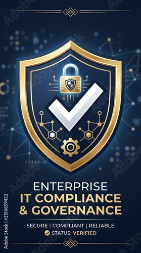 A corporate governance and cybersecurity compliance vector graphic showcasing a dark navy shield icon with a gold verified checkmark. Accented with clean geometric grid lines, government mobile apps