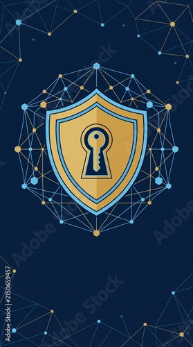 A 5G telecommunication network security flat vector graphic featuring an electric cyan shield safeguarding wireless wave patterns and telecom tower nodes. Designed on a deep sapphire background