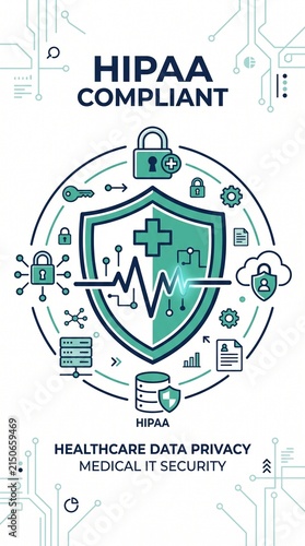 A healthcare data protection flat vector visual combining a central shield emblem with a medical cross and digital health pulse line. For mobile applications design vertical