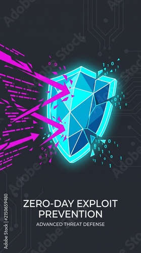 An abstract zero-day vulnerability defense vector showing a sharp, multi-faceted geometric shield stopping incoming malicious data vectors. Formed with vibrant neon cyan and magenta geometric line art