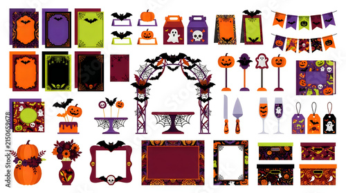 Halloween Decoration Set, Party Supplies, Customizable Labels, Cake Toppers, Banners, Frames, Gift Tags, Orange Purple Design, Vector Illustrations, Icon Bundle isolated on White Background