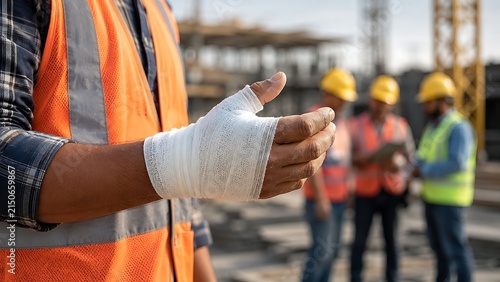 Construction worker with bandaged hand at work site.