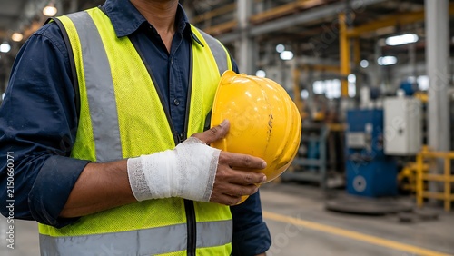 Injured construction worker wearing high visibility vest holding yellow safety helmet at manufacturing plant.