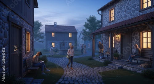 Evening scene in a quaint european village with stone houses