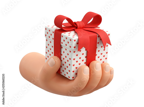 3d cartoon hand holding a white gift box with red hearts isolated on transparent background
