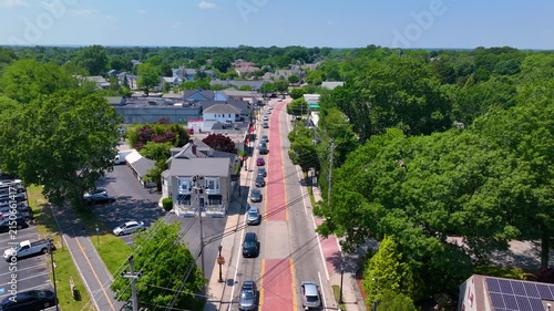 Historic commercial building aerial view on County Road in Barrington Civic Center Historic District in town of Barrington, Rhode Island RI, USA. 