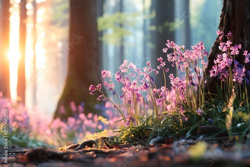 Beautiful spring forest scene with pink flowers blooming on forest floor under sunlight, tall trees, and soft sunlight filtering through trees