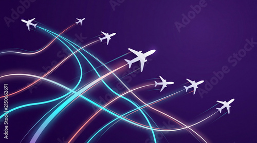 Aircraft flight paths with neon light trails illustrating global travel connectivity and aviation logistics on dark purple background