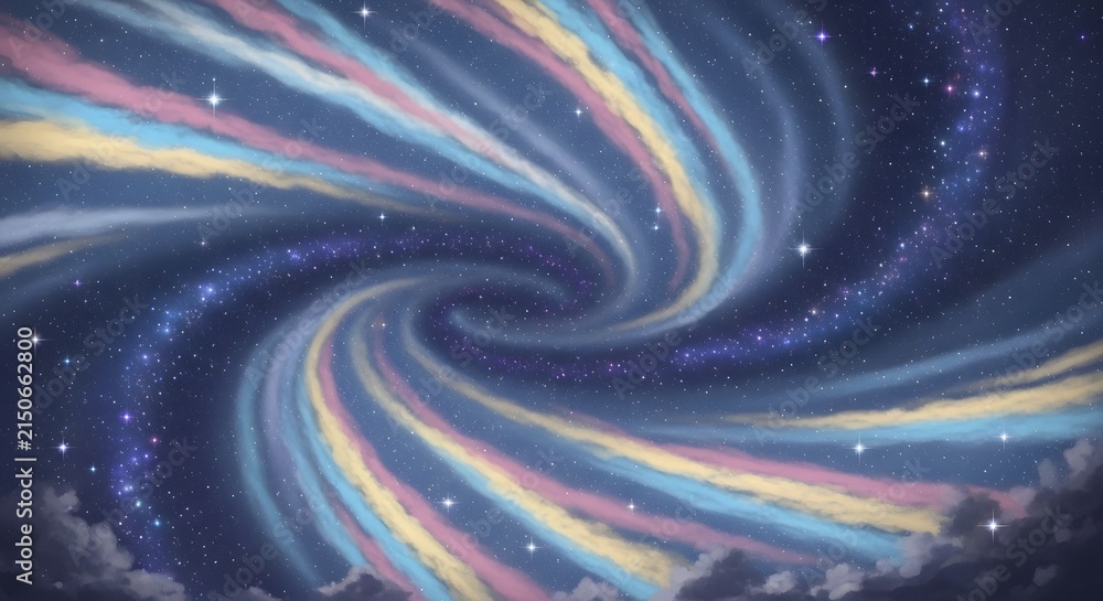 Fototapeta premium Vibrant cosmic vortex with swirling pastel colors, stars, and nebulas in deep space background