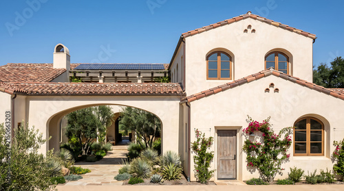 Mediterranean Villa Courtyard with Arched Walkway, Terracotta Roof Tiles, and Lush Landscaping - Sunny Day Exterior Architecture