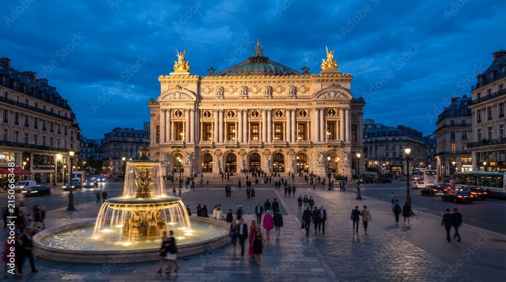 Fototapeta premium Palais Garnier Opera House at Dusk with Fountain and People.