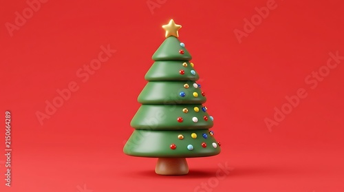 3D rendered stylized Christmas tree with colorful ornaments on a vibrant red background.
