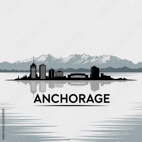 Anchorage Alaska City Skyline Silhouette Illustration with Chugach Mountains and Water Reflection