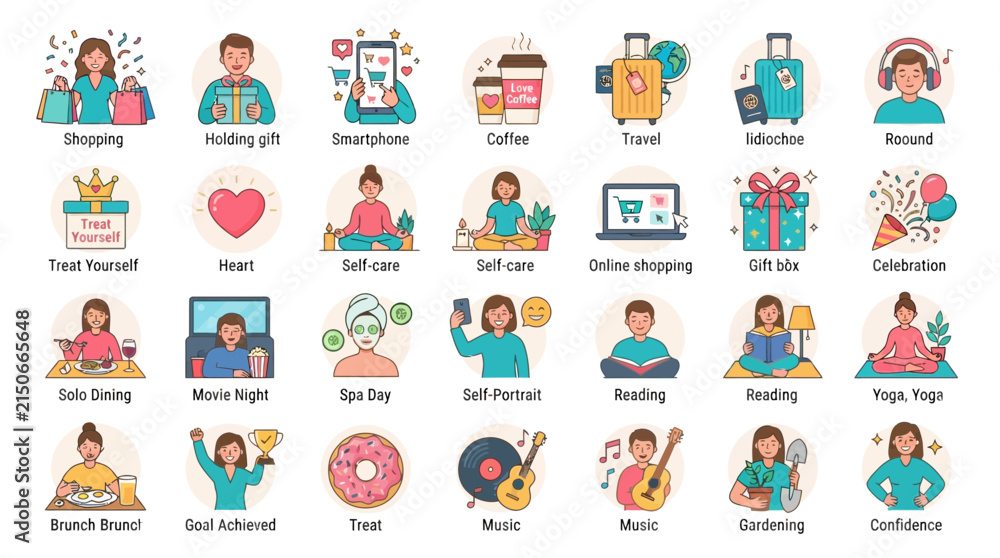 Naklejka premium Set of flat icons representing various lifestyle activities and hobbies for personal development and self care.