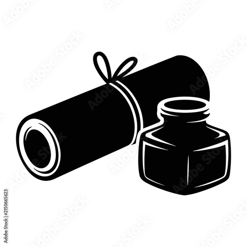 Fotografie Black scroll and inkwell icon ancient parchment rolled manuscript writing docume