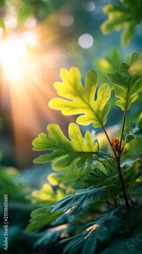 Bright sunlight illuminating vibrant green oak leaves on a sunny day with lush foliage and natural outdoor lighting