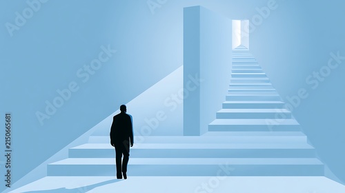 Man standing on path with stairs leading to a door looking at a high barrier blocking him representing business obstacles, 3d render