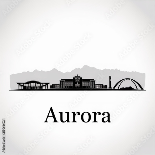 Aurora Colorado City Skyline Silhouette Illustration with Downtown Landmarks and Mountains