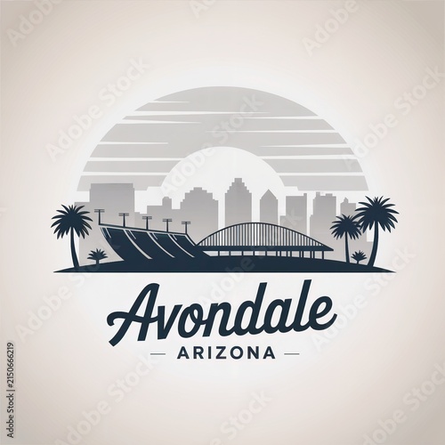 Avondale Arizona City Skyline Silhouette Illustration with Raceway Stadium and Palm Trees