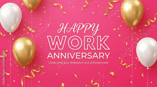 Gold and white balloons with confetti on pink background