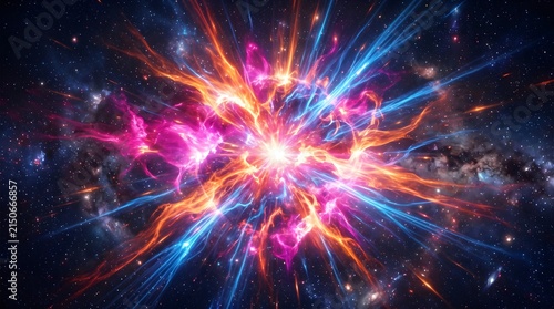 Radiant cosmic supernova explosion erupting with intense vibrant orange pink and electric blue streams across a dark deep stellar universe