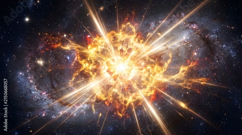 Radiant supernova explosion erupting with intense golden light rays within the vast dark depth of deep outer space cosmic nebula