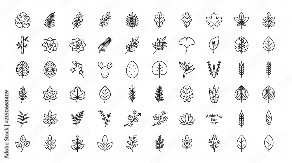 Obraz premium Set of 60 Minimalist Leaf and Plant Line Icons - Botanical Vector Illustrations for Nature Design Projects, Logos, and Web Graphics