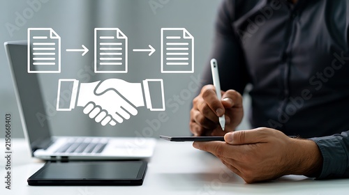 Procurement process management, Digital and paper document approval, contract verification, supplier negotiation, and business purchasing operations using laptop and paper in office environment