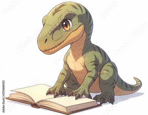 Cute cartoon baby dinosaur sitting and reading an open book on a white background, educational vector illustration