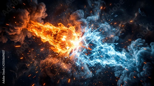 Vibrant cosmic collision of fiery orange flames and freezing blue ice elements swirling together against a dark nebulous space background