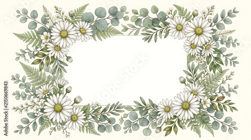 Elegant floral frame featuring white daisy flowers and green eucalyptus leaves arranged in a delicate rectangular composition for wedding stationery