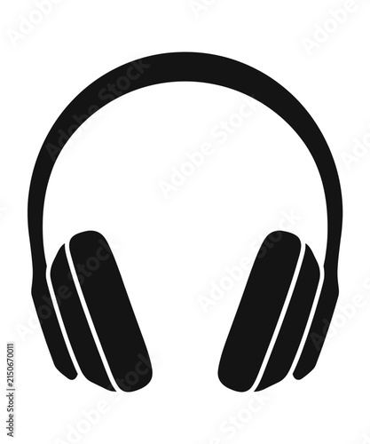 Minimalist black silhouette icon of modern over ear headphones isolated on a plain white background