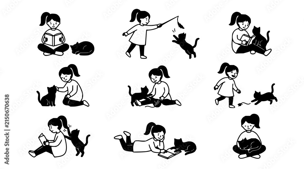 Obraz premium Girl and cat set with playful interaction featuring child, kitten, joyful moment with outdoor sunlight and cozy home setting