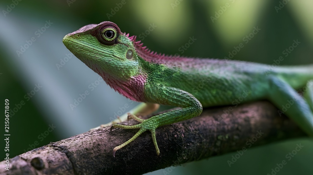 Fototapeta premium A vibrant green lizard with pinkish red crest perched on a textured tree branch in lush foliage