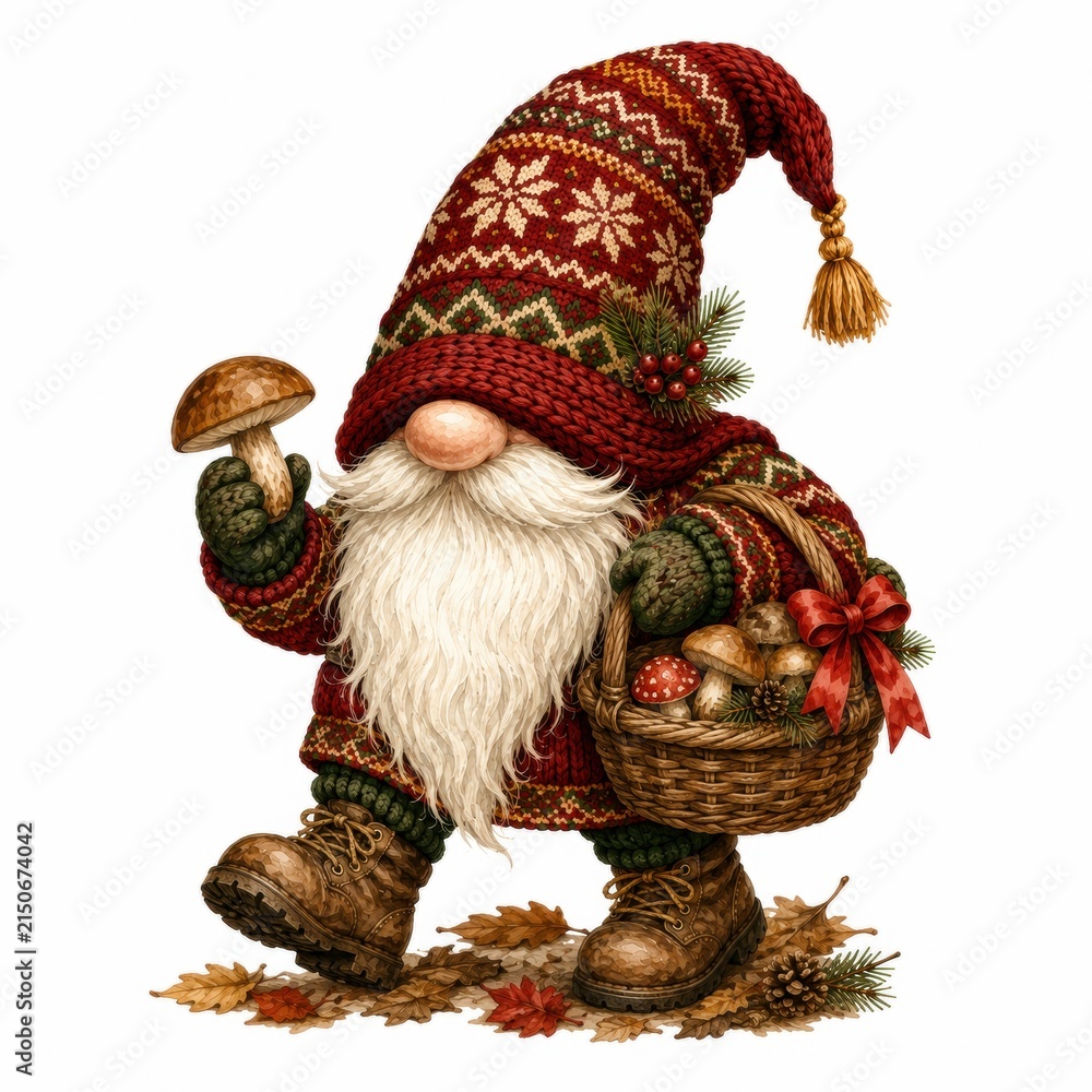Fototapeta premium A festive gnome with a long white beard, wearing a red knitted hat and sweater, holding a mushroom and a basket filled with mushrooms and autumn leaves.