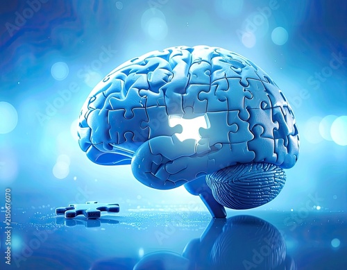 A blue, puzzle-piece brain with a missing piece glowing with light.