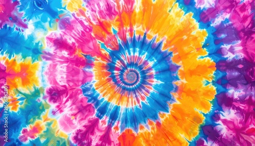 A vibrant tie-dye pattern with a spiral design in bright colors.