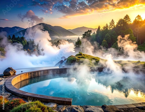 Steaming Hot Springs Pool at Sunrise with Mountain Views