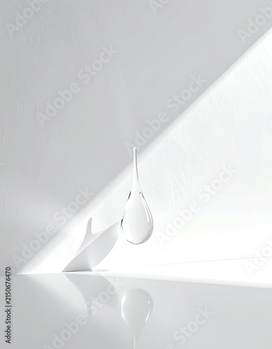A single transparent droplet suspended in a minimalist, sunlit environment.