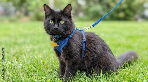 Black cat wearing a blue harness and leash sitting on green grass outdoors.
