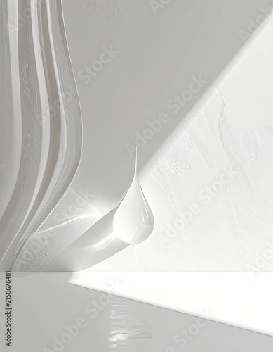 A single white drop suspended in a minimalist, light-filled space.