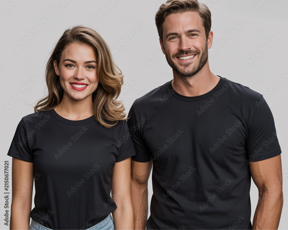 Fototapeta premium Two smiling individuals wear blank charcoal gray t-shirts, standing casually against a light wall, ideal for apparel mockups and branding projects.